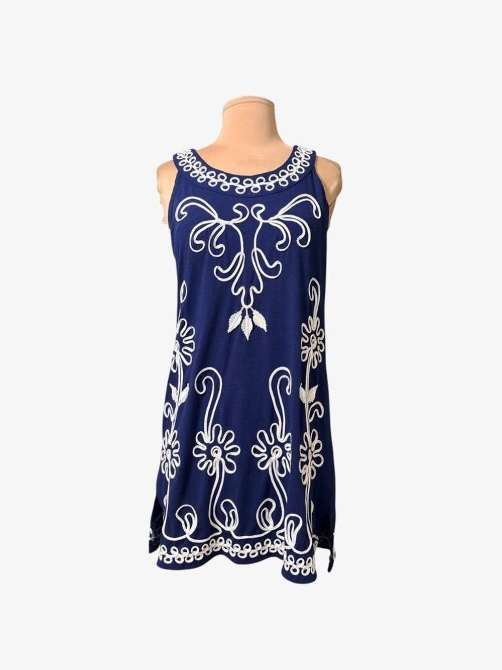 Vintage Jersey Shift Dress S Navy Blue White Embroidered Soutache Preppy Lilly